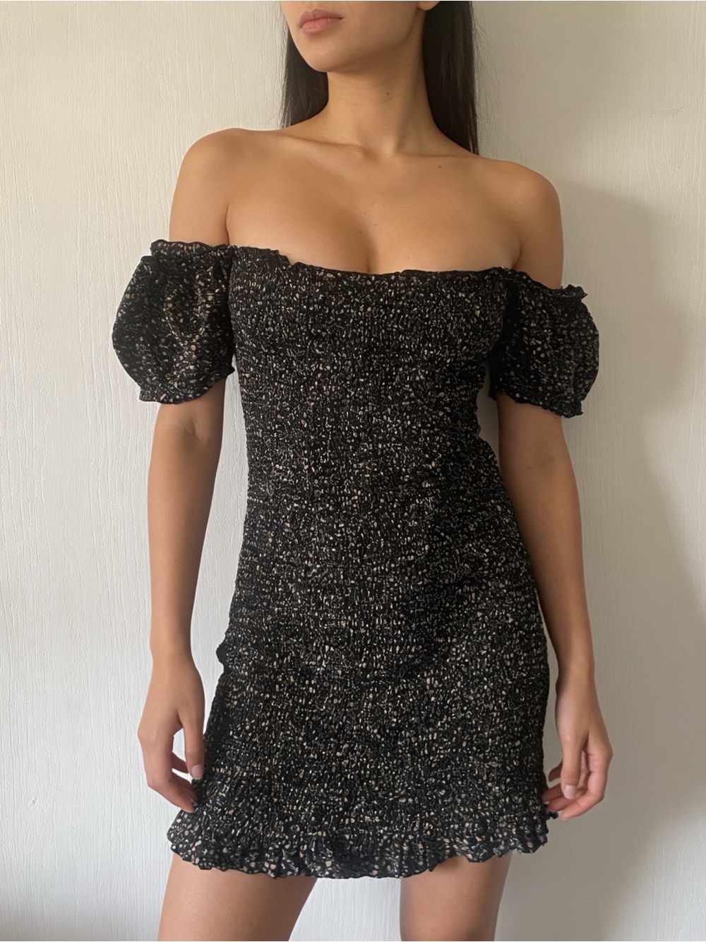 Papermoon off-shoulder black floral smocked mini dress, like new!